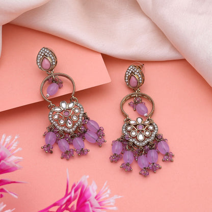 Graceful Light Purple Color Kundan Earrings With Antique Polish For Wedding Wear