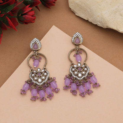 Graceful Light Purple Color Kundan Earrings With Antique Polish For Wedding Wear