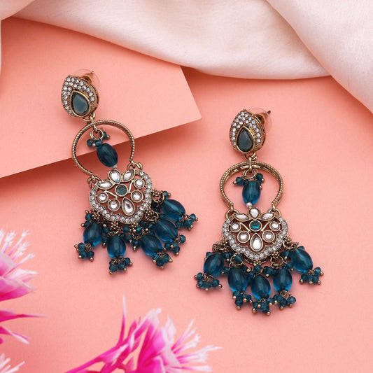 Gorgeous Rama Green Color Kundan Earrings With Traditional Beads For Ethnic Outfits