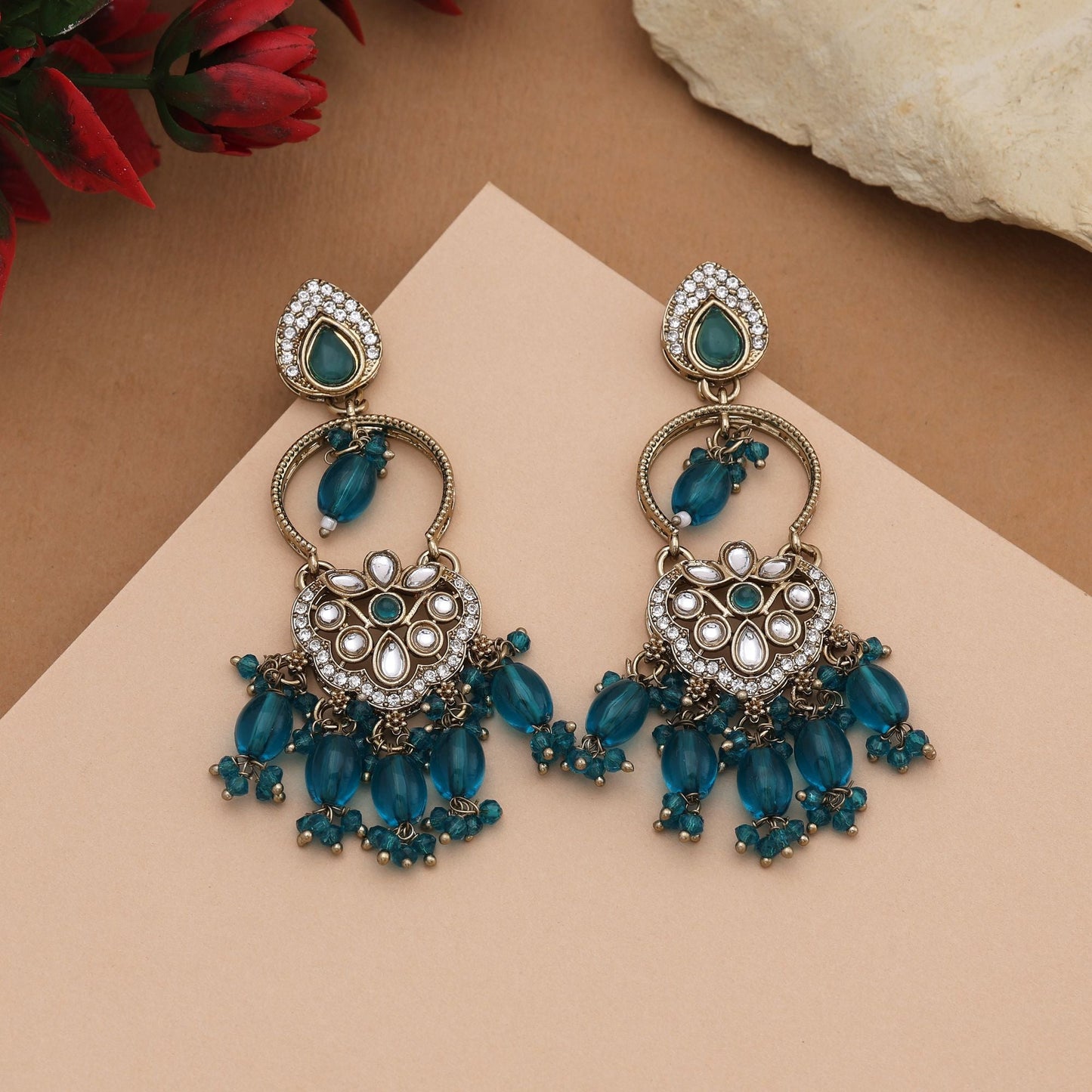 Gorgeous Rama Green Color Kundan Earrings With Traditional Beads For Ethnic Outfits