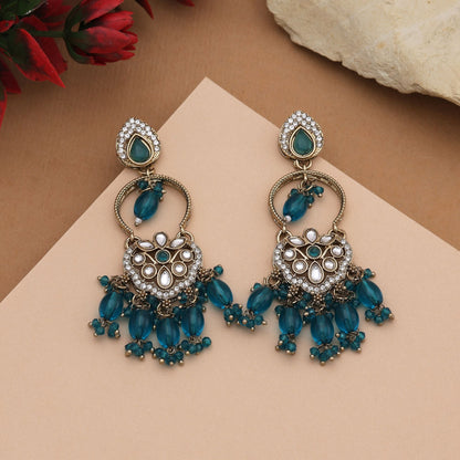 Gorgeous Rama Green Color Kundan Earrings With Traditional Beads For Ethnic Outfits