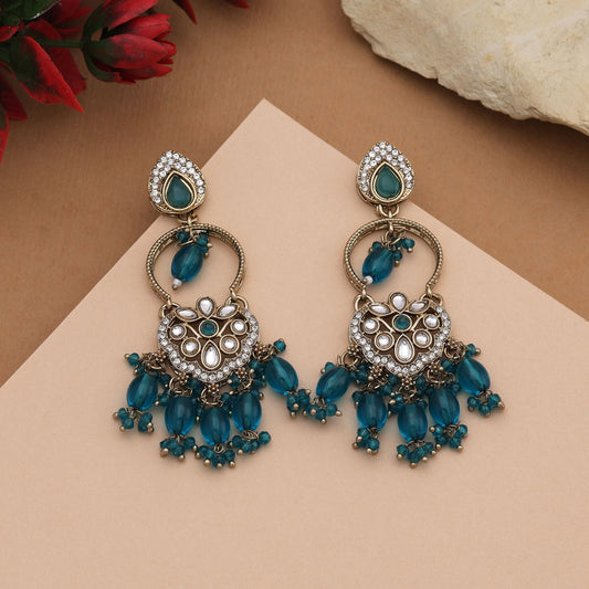Gorgeous Rama Green Color Kundan Earrings With Traditional Beads For Ethnic Outfits