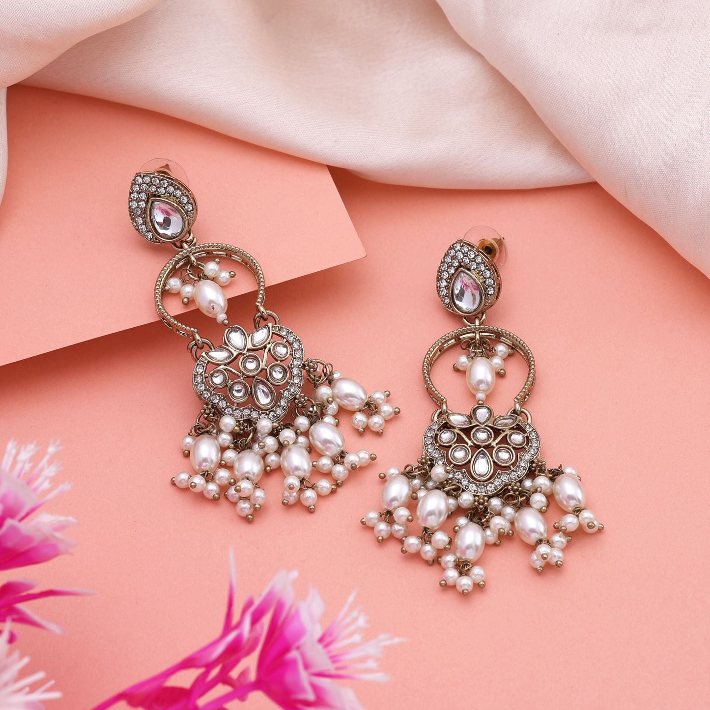 Classic White Color Kundan Earrings With Elegant Detailing For Timeless Elegance