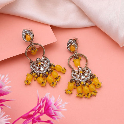 Bright Yellow Color Kundan Earrings With Antique Gold Work For Traditional Wear