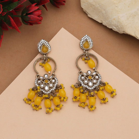 Bright Yellow Color Kundan Earrings With Antique Gold Work For Traditional Wear