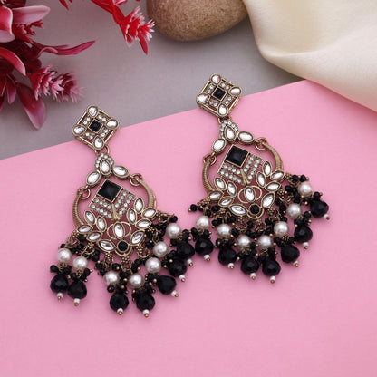 Chic Black Color Kundan Earrings With Stone Detailing Perfect For Modern Brides
