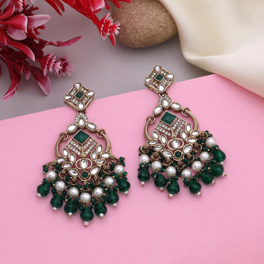 Gorgeous Green Color Kundan Earrings With Antique Finish Perfect For Bridal Wear