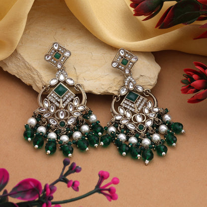 Gorgeous Green Color Kundan Earrings With Antique Finish Perfect For Bridal Wear