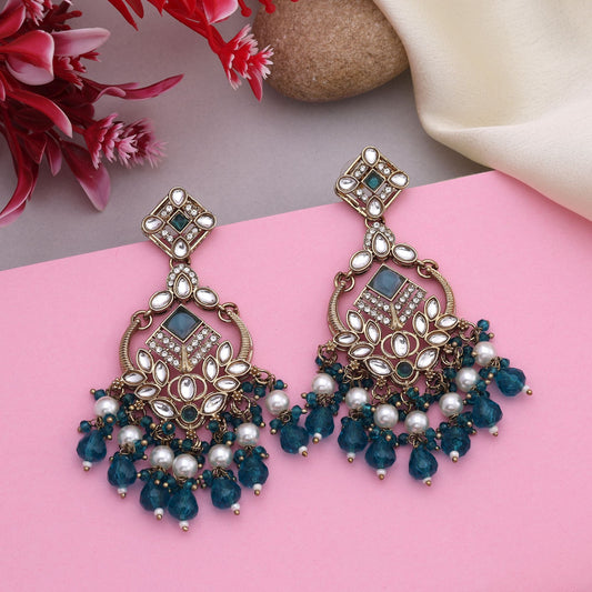 Elegant Rama Green Color Kundan Earrings With Stone Detailing For Grand Occasions