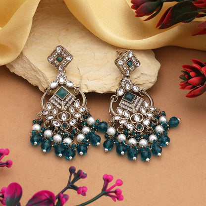 Elegant Rama Green Color Kundan Earrings With Stone Detailing For Grand Occasions