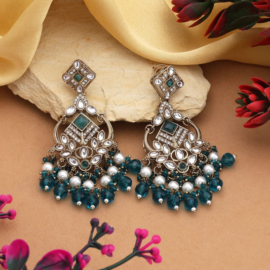 Elegant Rama Green Color Kundan Earrings With Stone Detailing For Grand Occasions