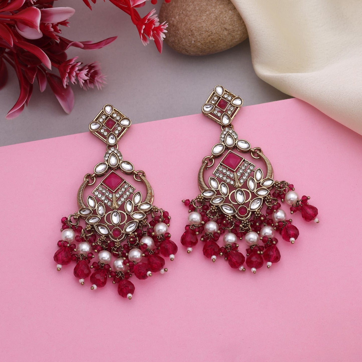 Beautiful Rani Color Kundan Earrings With Floral Design For Wedding Occasions