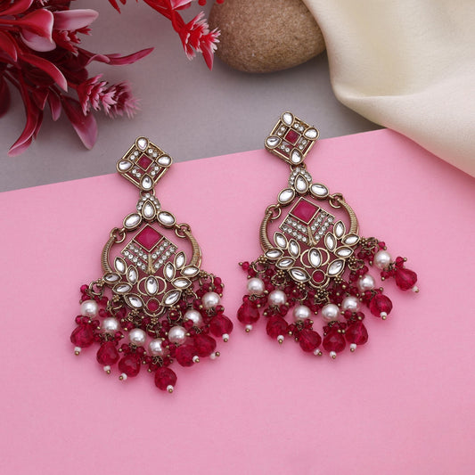Beautiful Rani Color Kundan Earrings With Floral Design For Wedding Occasions