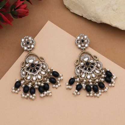 Elegant Black Color Kundan Earrings With Handcrafted Work For Traditional Style