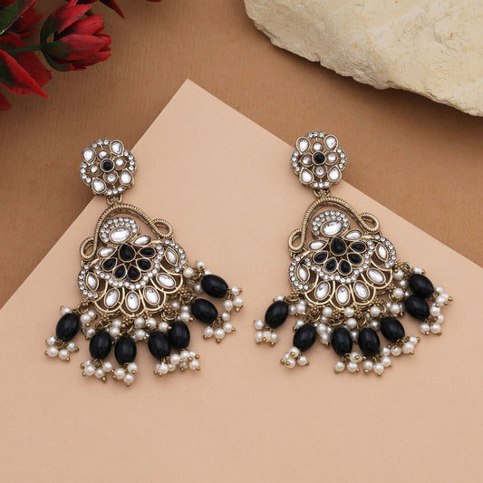 Elegant Black Color Kundan Earrings With Handcrafted Work For Traditional Style