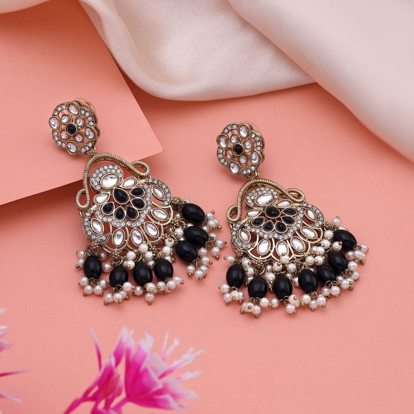 Elegant Black Color Kundan Earrings With Handcrafted Work For Traditional Style