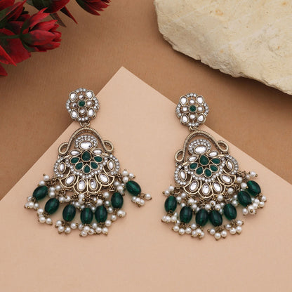 Classic Green Color Kundan Earrings With Antique Finish Perfect For Wedding Season