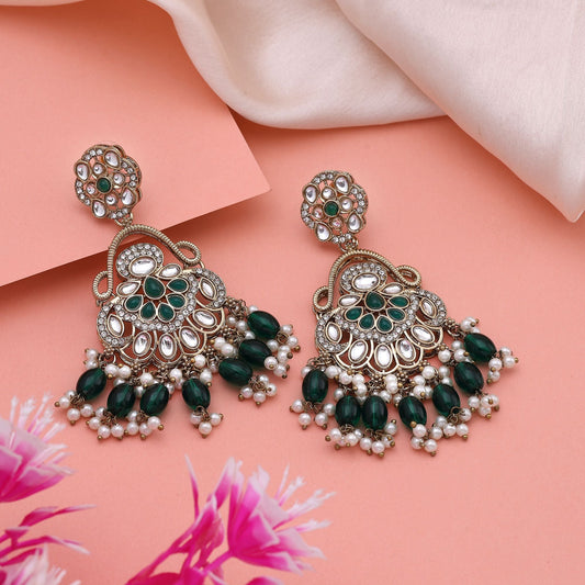 Classic Green Color Kundan Earrings With Antique Finish Perfect For Wedding Season