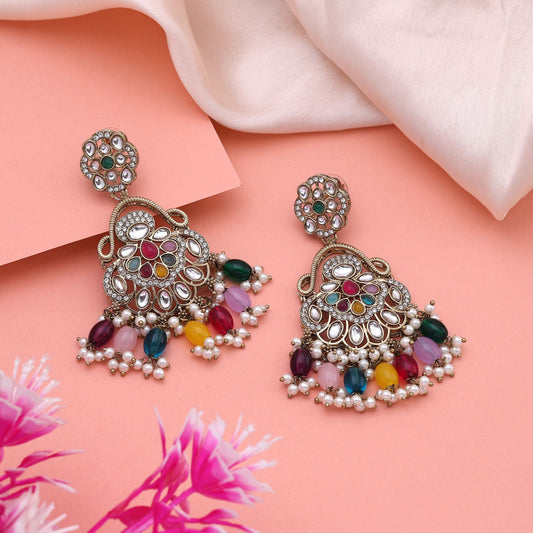 Stunning Multi Color Kundan Earrings With Traditional Beads Perfect For Festive Looks