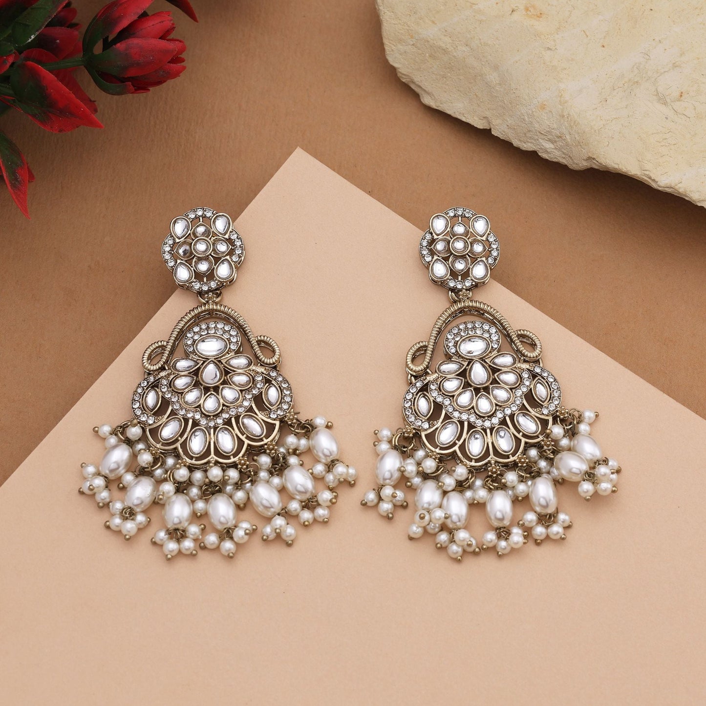 Elegant White Color Kundan Earrings With Antique Design For Cultural Occasions