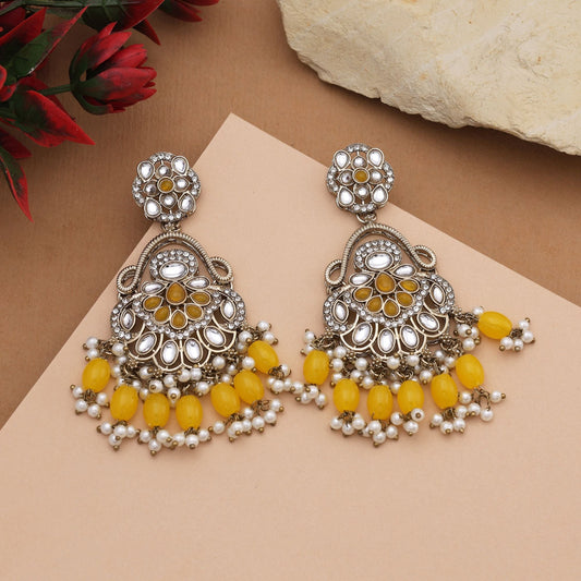 Bright Yellow Color Kundan Earrings With Stone Studded Details For Wedding Wear
