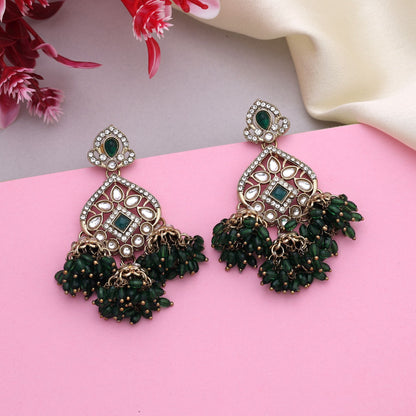 Traditional Green Color Kundan Earrings With Antique Touch For Bridal Collections