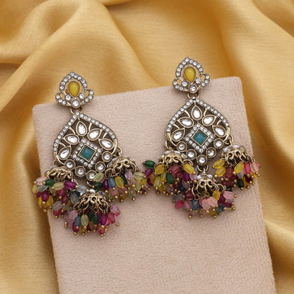 Gorgeous Multi Color Kundan Earrings With Elegant Beads For Grand Indian Weddings