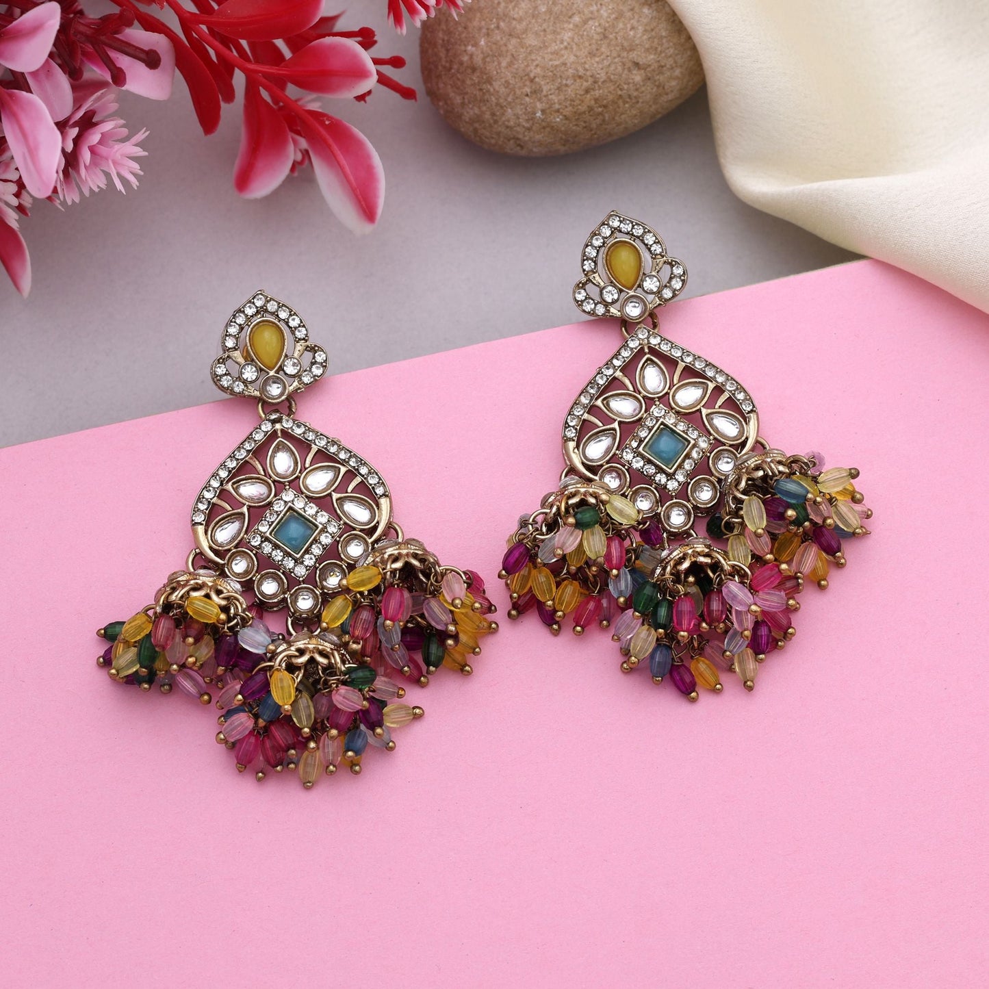 Gorgeous Multi Color Kundan Earrings With Elegant Beads For Grand Indian Weddings