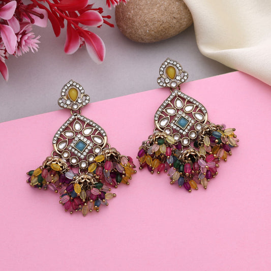 Gorgeous Multi Color Kundan Earrings With Elegant Beads For Grand Indian Weddings