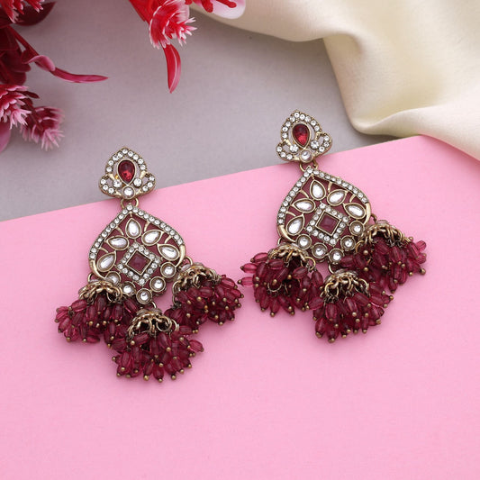 Eye-Catching Magenta Color Kundan Earrings With Floral Pattern For Festive Events