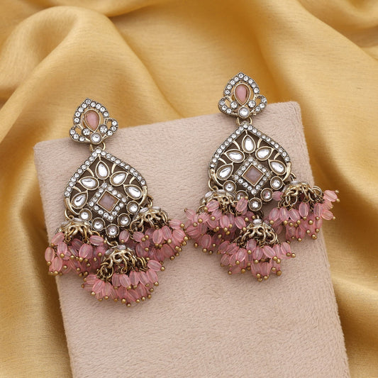 Chic Pink Color Kundan Earrings With Antique Stones For Modern Bridal Jewellery