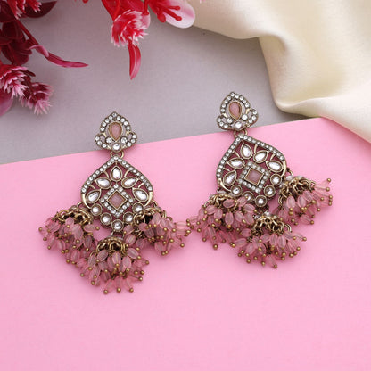 Chic Pink Color Kundan Earrings With Antique Stones For Modern Bridal Jewellery