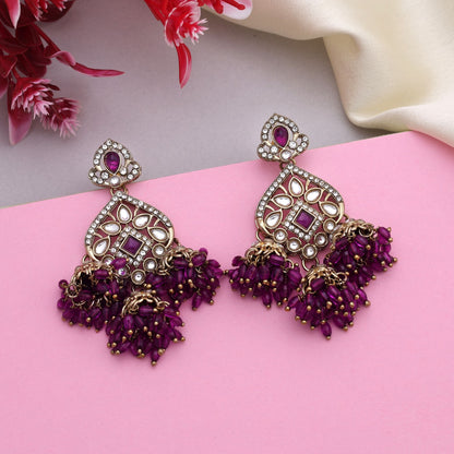 Graceful Purple Color Kundan Earrings With Stone Finish Perfect For Cultural Events