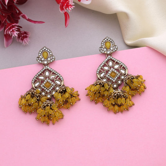 Bright Yellow Color Kundan Earrings With Stone Detailing For Wedding Functions