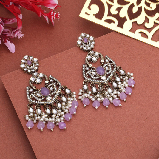 Lovely Light Purple Color Kundan Earrings With Stone Details For Ethnic Functions