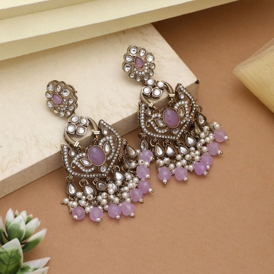 Lovely Light Purple Color Kundan Earrings With Stone Details For Ethnic Functions