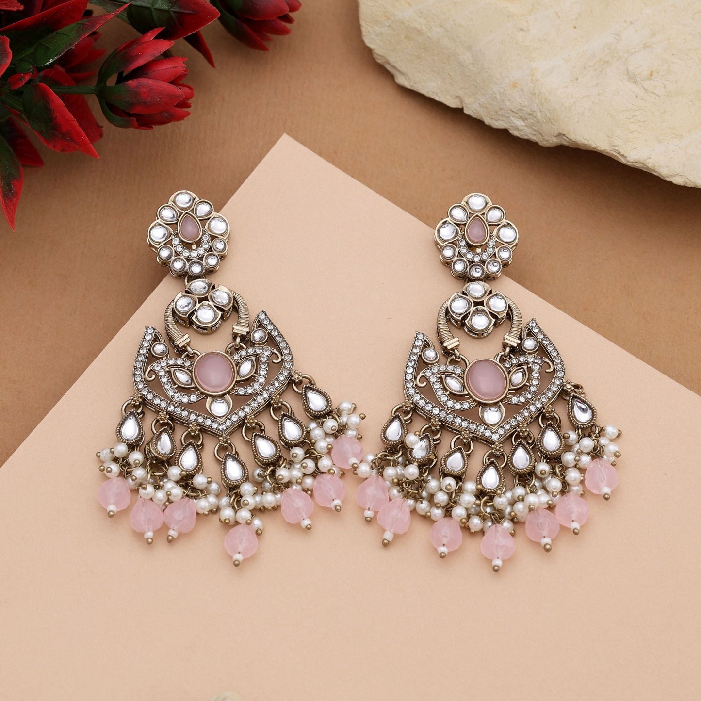 Pretty Pink Color Kundan Earrings With Gold Touch Perfect For Cultural Celebrations