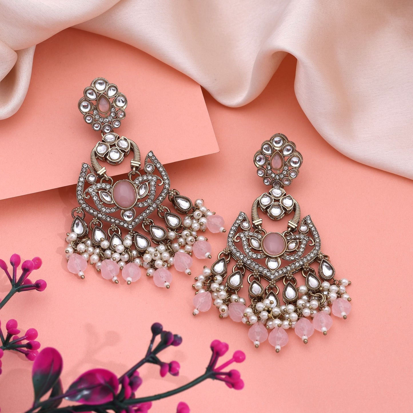 Pretty Pink Color Kundan Earrings With Gold Touch Perfect For Cultural Celebrations