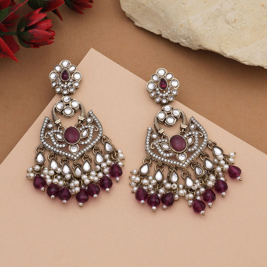Gorgeous Purple Color Kundan Earrings With Gold Plating Perfect For Party Looks