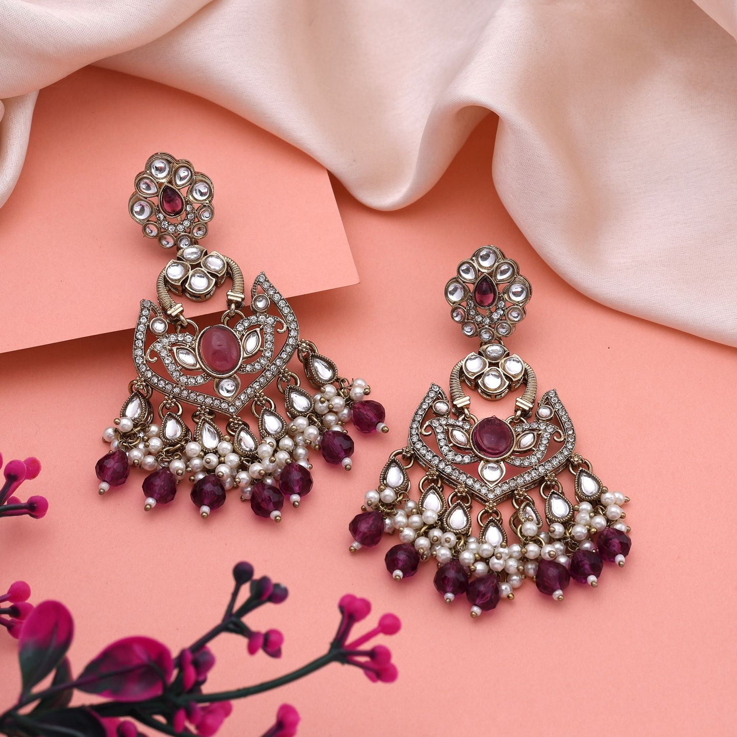 Gorgeous Purple Color Kundan Earrings With Gold Plating Perfect For Party Looks