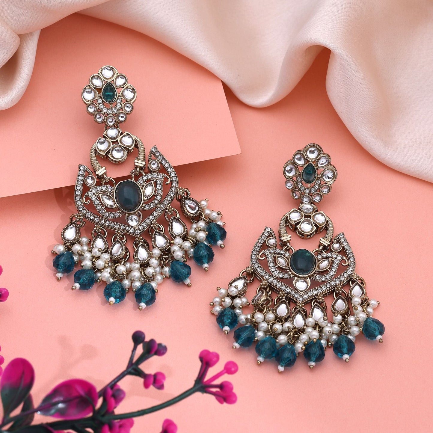 Royal Rama Green Color Kundan Earrings With Fine Stones For Bridal Jewellery