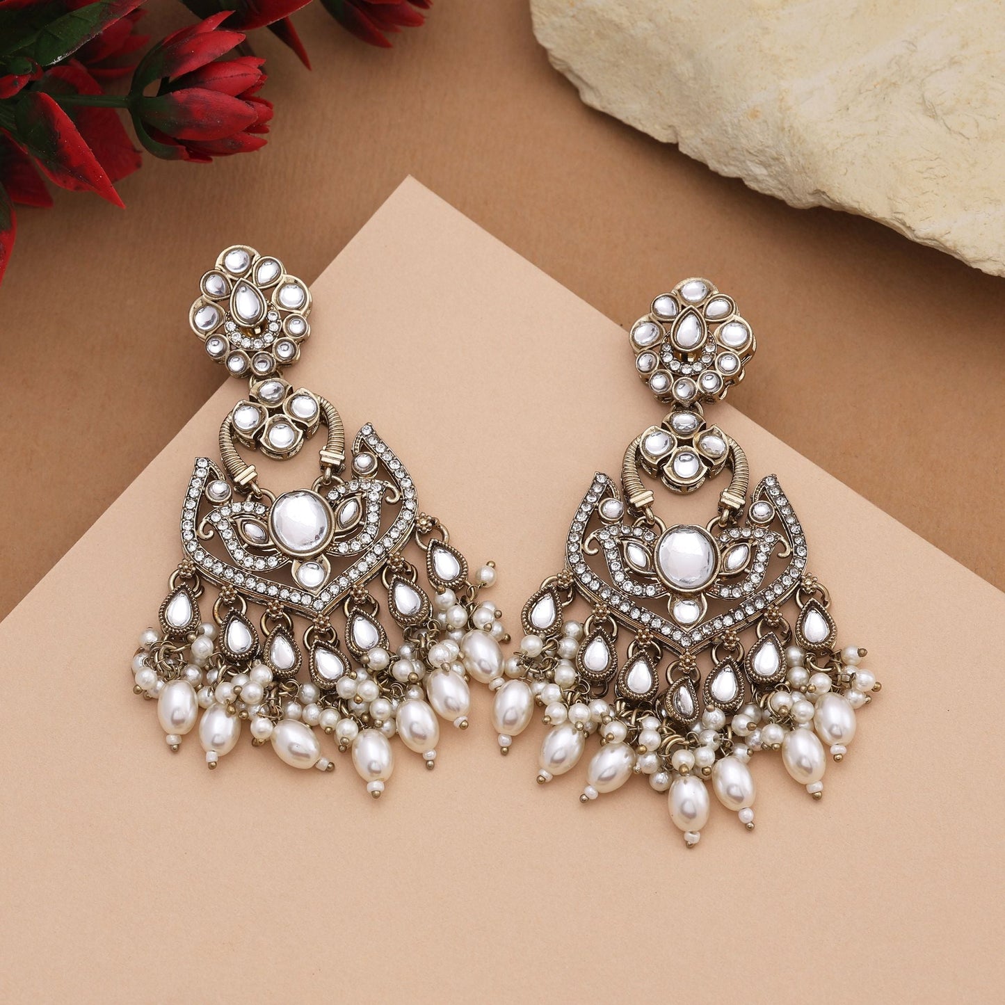 Elegant White Color Kundan Earrings With Antique Finish For Traditional Attire