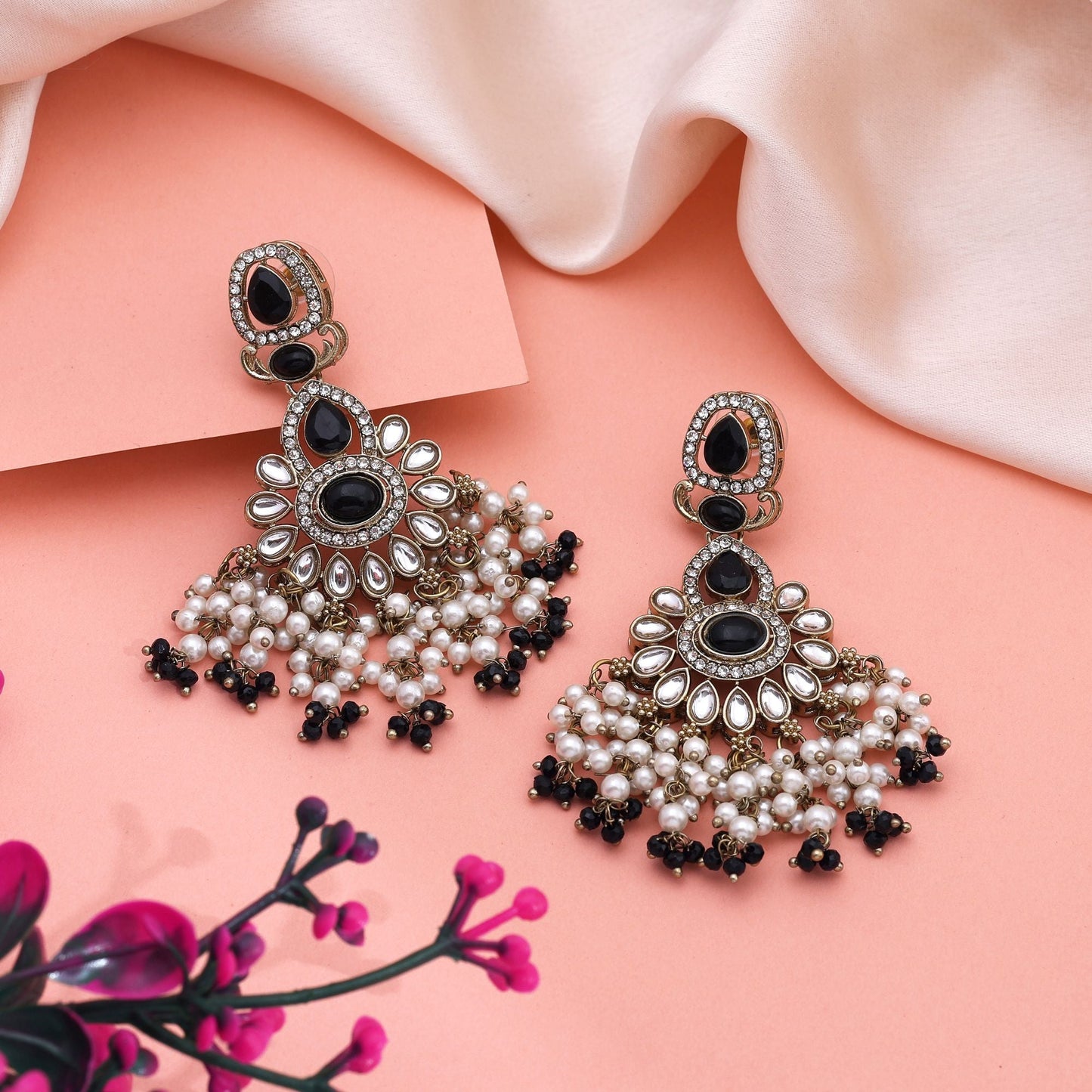 Classy Black Color Kundan Earrings With Sparkling Stones For Ethnic Occasions