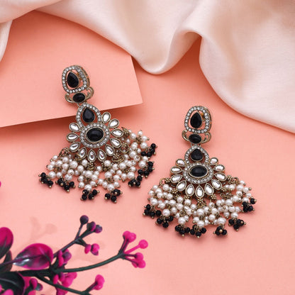 Classy Black Color Kundan Earrings With Sparkling Stones For Ethnic Occasions