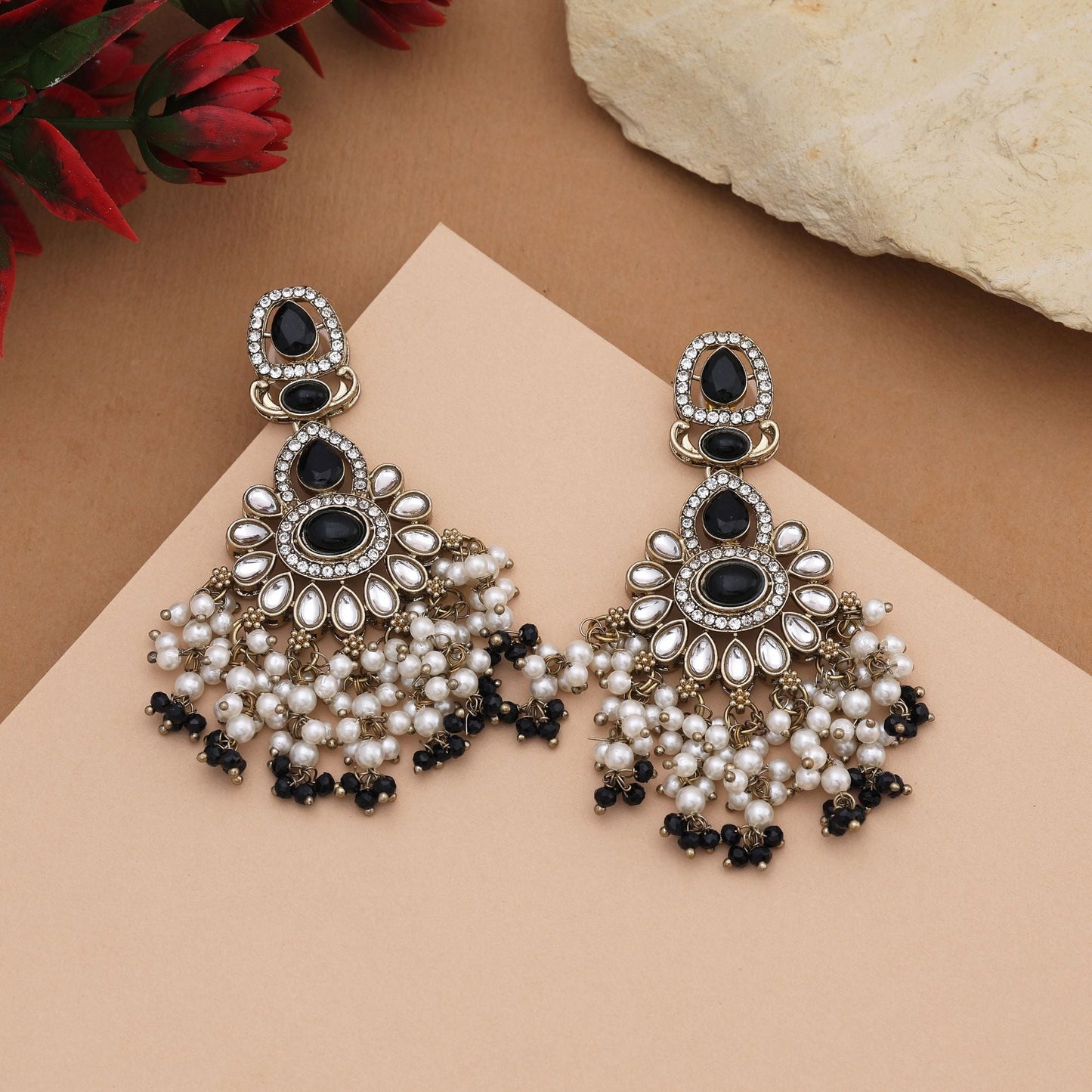 Classy Black Color Kundan Earrings With Sparkling Stones For Ethnic Occasions