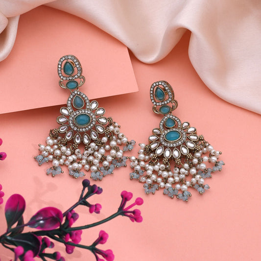 Elegant Firozi Color Kundan Earrings With Stone Design For Cultural Celebrations