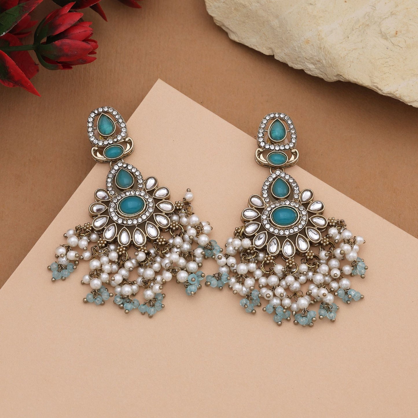 Elegant Firozi Color Kundan Earrings With Stone Design For Cultural Celebrations