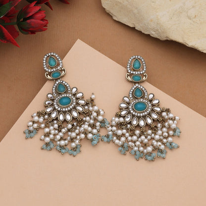 Elegant Firozi Color Kundan Earrings With Stone Design For Cultural Celebrations