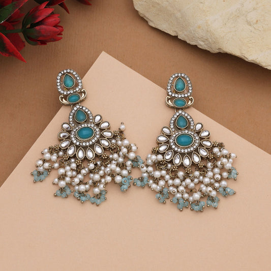 Elegant Firozi Color Kundan Earrings With Stone Design For Cultural Celebrations