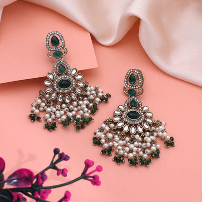 Classic Green Color Kundan Earrings With Polished Stones Perfect For Party Wear